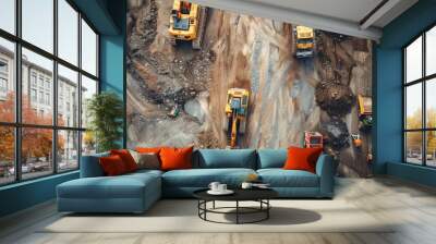 Aerial shot of an industrial construction site with earthmovers and construction workers in action Wall mural