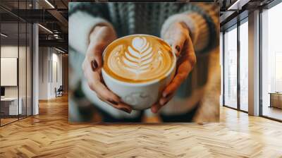 Barista crafting a latte with beautiful art in a cozy cafe Wall mural