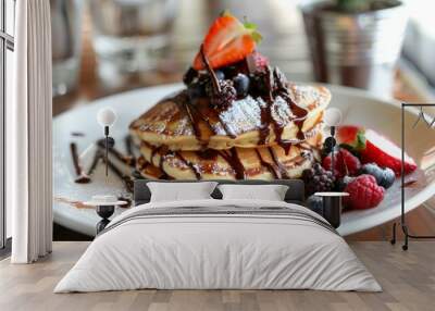 Chocolate drizzle over a stack of pancakes, with berries on the side Wall mural