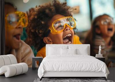 Kids participating in a fun science experiment, wearing safety goggles and excitedly observing the results Wall mural