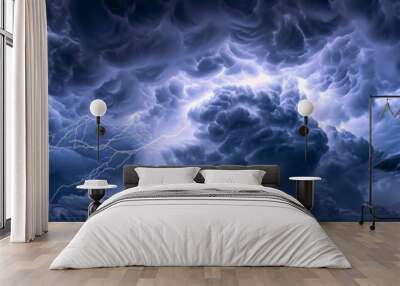 Panorama Dark cloud at night with thunder bolt. Heavy storm bringing thunder, lightnings and rain in summer. Wall mural