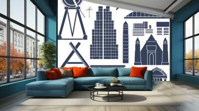 Solid icon collection featuring architectural elements like blueprints, protractors, and building silhouettes, ideal for design and planning visuals. Wall mural