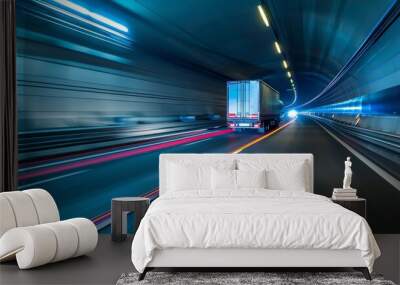 Truck speeding through illuminated tunnel Wall mural