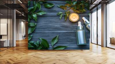 Skin care serum bottle tree leaves with candle copy space  wooden background top view Wall mural