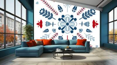 Folk art vector ornament with symbols, hearts, and flowers. Scandinavian design. Wall mural