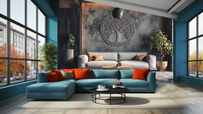 a captivating visual featuring a tree mandala on a cool-toned wall, with a modern sofa adding a touch of sophistication. Wall mural