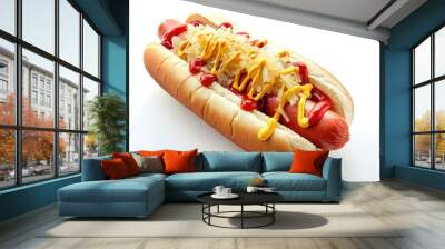 A classic hot dog topped with mustard, ketchup, and sauerkraut. Isolated on pure white background Wall mural