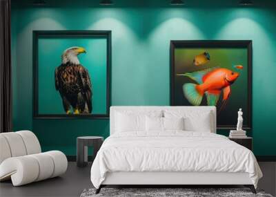 A minimalist library with a teal wall featuring two frames: one with a majestic eagle and the other with a vibrant fish, both under focused spotlights. Wall mural