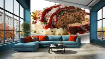 A serving of homemade meatloaf topped with a tangy tomato glaze, served with mashed potatoes. Isolated on pure white background Wall mural