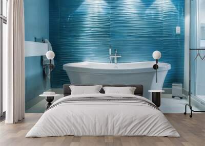 A sleek bathroom with a cool blue textured wall, creating a modern and calming space Wall mural