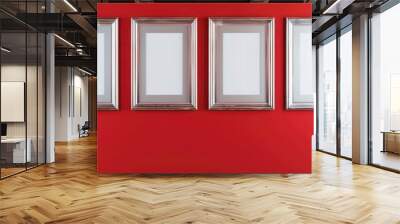 Four silver frames on a rich red wall, modern art gallery mockup captured in high definition. Wall mural