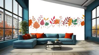 Colorful leaves and natural elements decoration background. Autumnal botanical pattern. Vector illustraiton Wall mural