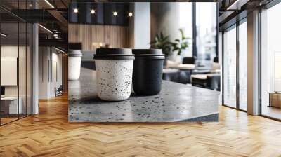 Two Coffee Cups on Concrete Table in Modern Cafe. Wall mural