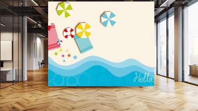 Summer Vacation concept banner illustration. Summer beach with Beach Umbrellas and surfboards. Hello summer  decorative background. Vector illustration. Wall mural