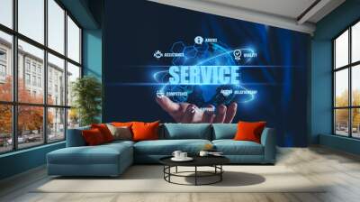 Business service online digital technology. Businessman touching digital globe hologram. Quality business relationship. customer service advice and support. Technology robot assistance online services Wall mural