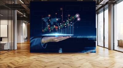 Businessman planning to invest in stock market. man touching success goals icon on virtual screen, stock graph is rising, economy is recovering, stock trading, bussiness start up, business success. Wall mural