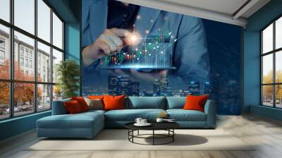 Businessman planning to invest in stock market. man touching success goals icon on virtual screen, stock graph is rising, economy is recovering, stock trading, bussiness start up, business success. Wall mural