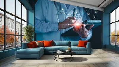 Medical technology, doctor use AI robots for diagnosis, care, and increasing accuracy patient treatment in future. Medical research and development innovation technology to improve patient health. Wall mural