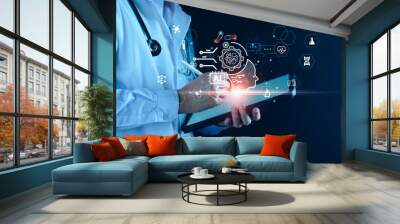 Medical technology, doctor use AI robots for diagnosis, care, and increasing accuracy patient treatment in future. Medical research and development innovation technology to improve patient health. Wall mural