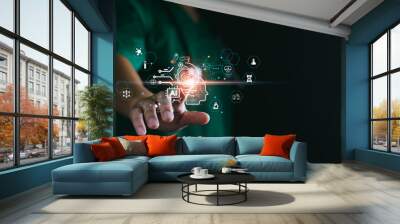 Medical technology, doctor use AI robots for diagnosis, care, and increasing accuracy patient treatment in future. Medical research and development innovation technology to improve patient health. Wall mural