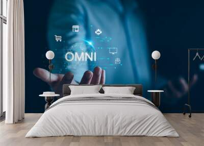 Omnichannel marketing business strategy concept. Digital online marketing and customer engagement by integrated channels. Global linked transfer communication lines. Omnichannel online retail business Wall mural