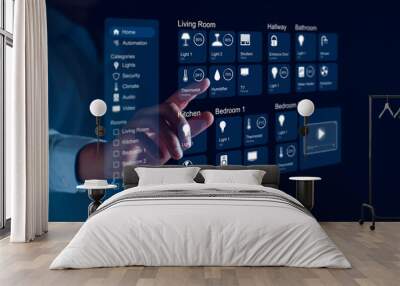 Smart home dashboard interface control connected devices and set up automations. Futuristic virtual screen HUD above digital tablet computer. Assistant technology for smart devices. Smart home concept Wall mural