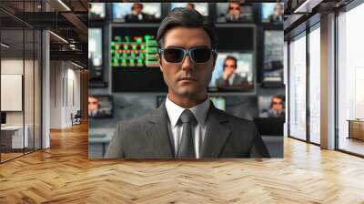 A broadcast journalist wears a gray jacket and sunglasses in the news broadcast room Wall mural