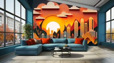 Cloud Nine An Illustration of a Summer Skyline Sunset. Generative AI Wall mural