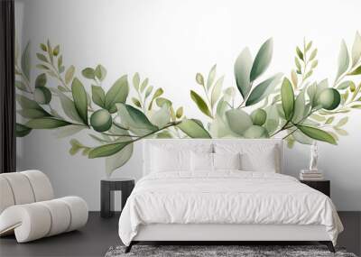 Watercolor floral frame border - flowers and green leaves.  Wall mural