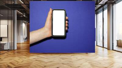 Close-up of male hand holding modern smartphone with white empty mockup on background of phantom blue color. Wall mural