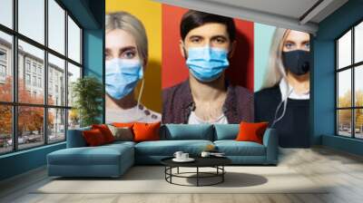 Collage of studio portraits of young girl and guy wearing medical respiratory face mask against coronavirus on colorful backgrounds. Wall mural