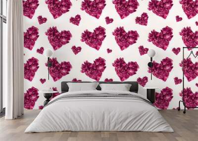 Colorful pattern of many flower petals in shape of pastel pink hearts isolated on white background. Wall mural