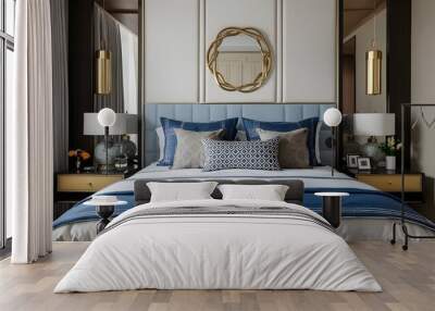 Blue Accents Bedding in Modern Bedroom Interior Wall mural