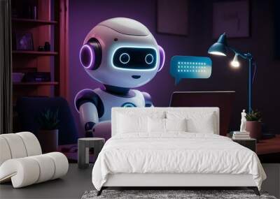 Cute friendly artificial intelligence robot using laptop computer with purple neon glow light, chatbot and AI assistant concept futuristic technology 3d illustration, banner  Wall mural