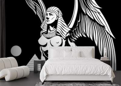 Sphynx near the pyramids with wings vector illustration Wall mural