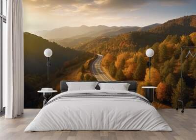 Aerial view of mountain road in forest at sunset in autumn Wall mural