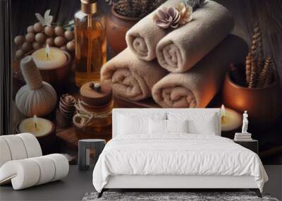 Beautiful Spa still life with aromatic candles and flowers on a wooden background Wall mural