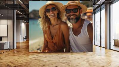 Beautiful young couple smiling on a summer day at the beach Wall mural