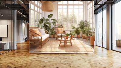 Bright and airy sunroom with wicker furniture and indoor plants Wall mural