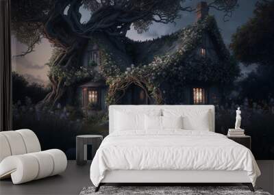 Cottage overgrown with ancient trees. Surreal mystical fantasy artwork Wall mural