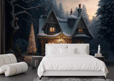 Fairytale surreal fantasy Christmas village with snow. Winter landscape. Generative AI Wall mural