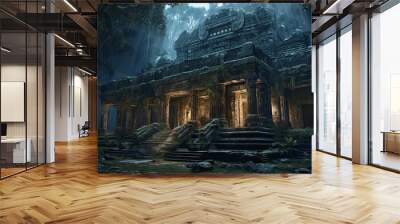 Fantasy temple in tropical forest at night, old building ruins in jungle, Surreal mystical fantasy artwork Wall mural