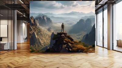 Hiker man standing on the edge of a cliff, with sweeping view of mountain range and valley below Wall mural