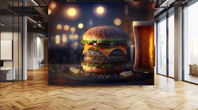 Juicy burger with two beef patties and light beer on a pub background Wall mural