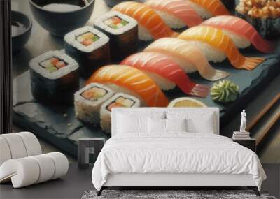 Oil painting of Sushi Set sashimi and sushi rolls served on stone slate Wall mural