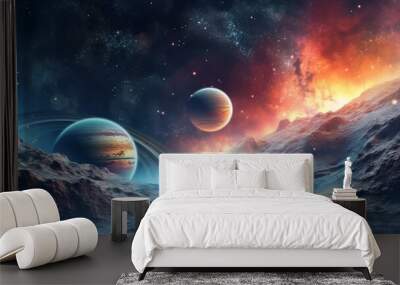 Unknown planet from outer space. Space nebula. Cosmic cluster of stars. Outer space background Wall mural