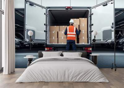 A delivery worker organizes boxes in the back of a cargo van at a loading dock, ensuring efficient logistics and safety. Wall mural