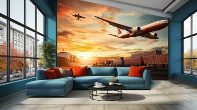 A stunning sunset view of a cargo ship and airplane, symbolizing global transportation and trade activity. Wall mural