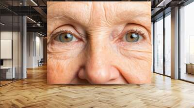 Close-up of an elderly woman's face, showcasing her expressive eyes and textured skin, reflecting wisdom and life experiences. Wall mural