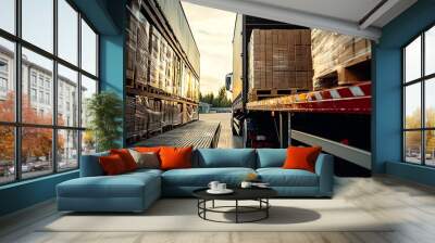 View of two trucks loaded with boxes in a warehouse setting during sunset, showcasing logistics and transportation. Wall mural